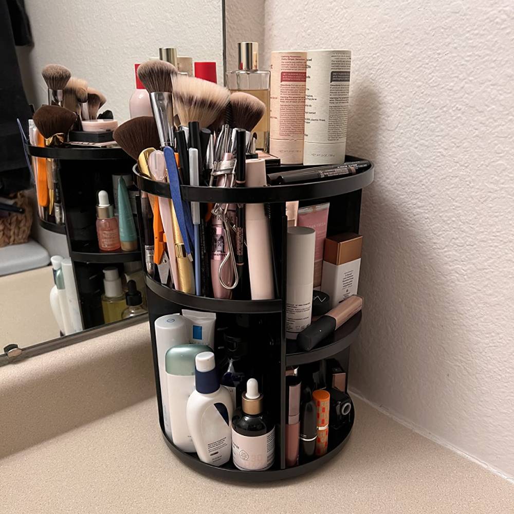 Rotating makeup organizer holding everyday cosmetics